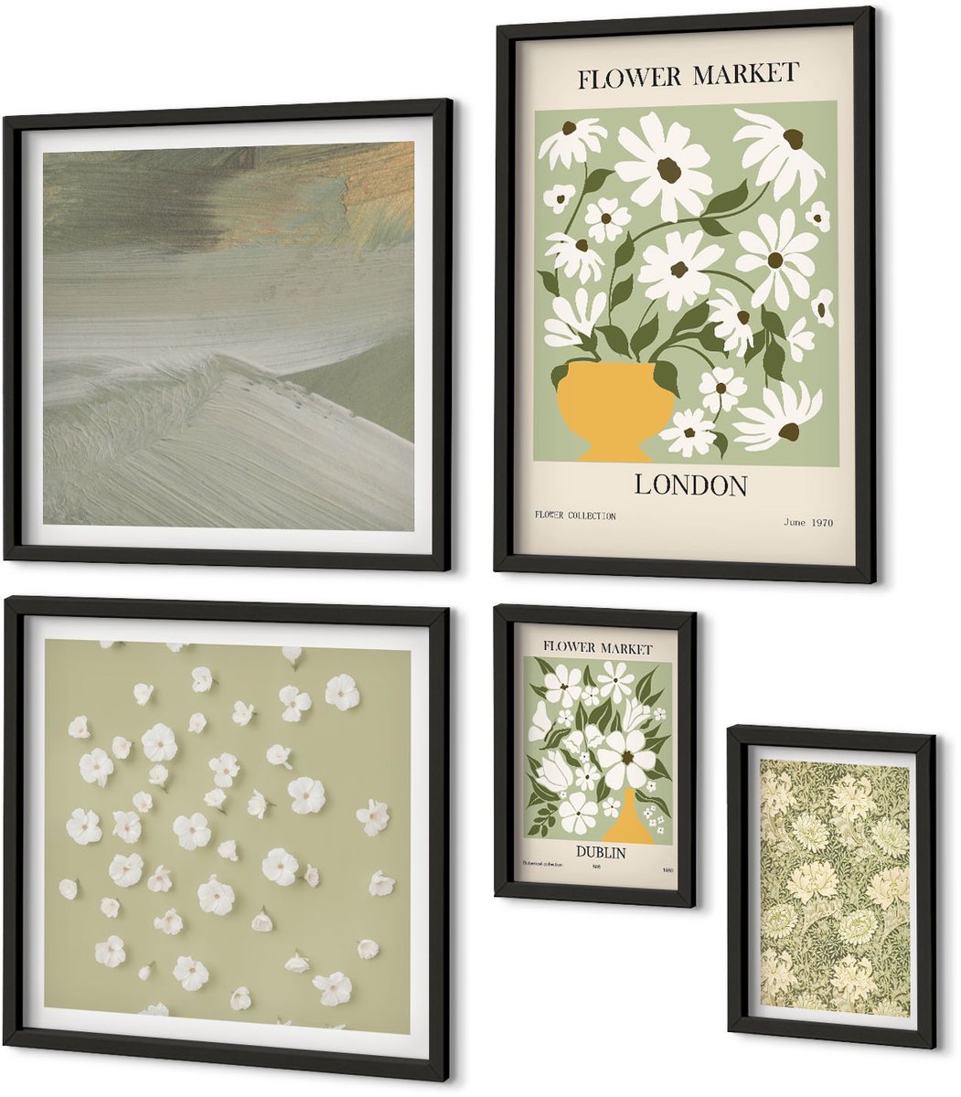 Coloray 5-Delige Schilderij Set - Bloemmotieven Tegen De Achtergrond Van Stadspleinen En Landschappen - 50 x 50 cm, 20 x 30 cm En 40 x 60 cm - Wanddecoratie - Moderne Interieurdecoratie - Decoratieve Schilderijen Zwarte lijst