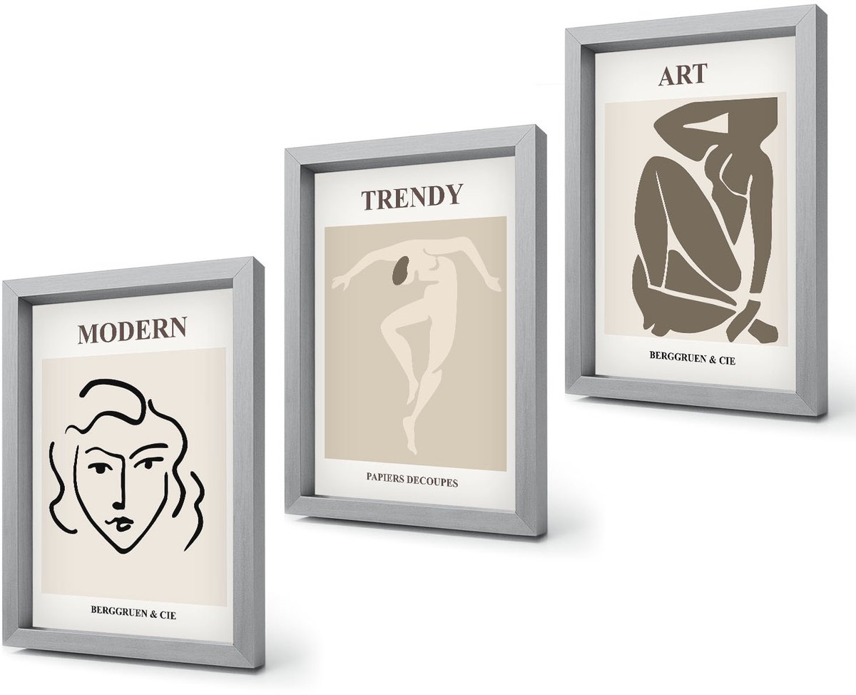 Coloray 4-Delige Schilderij Set - Abstracte portretten in ingetogen kleuren - 20 x 30 cm - Stijlvolle Muurdecoratie - Kantoor - Woonkamer Decoratie Zilveren lijst