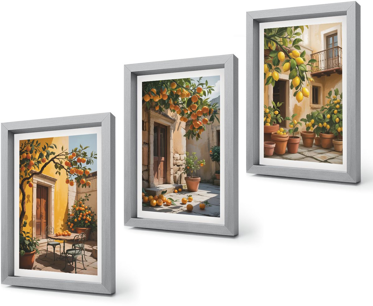 Coloray 4-Delige Schilderij Set - Citrusvruchten in een zonnige binnenplaats met planten - 20 x 30 cm - Wanddecoratie - Woonkamer Decoratie - Muurdecoratie Zilveren lijst