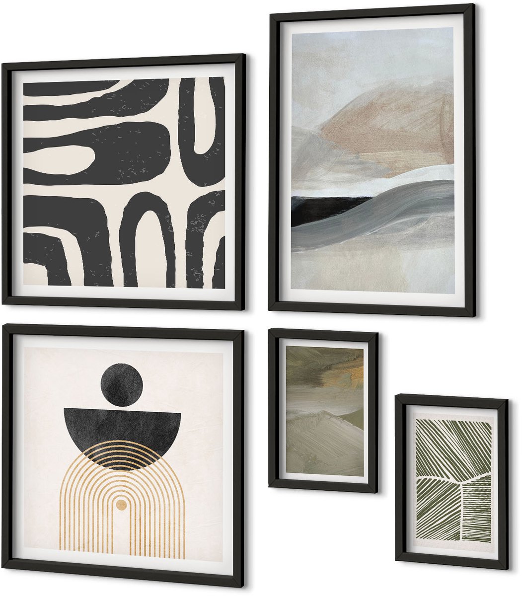 Coloray 5-Delige Schilderij Set - Abstracte Patronen En Vormen In Ingetogen Kleuren. - 50 x 50 cm, 20 x 30 cm En 40 x 60 cm - Stijlvolle Muurdecoratie - Slaapkamer - Moderne Wanddecoratie