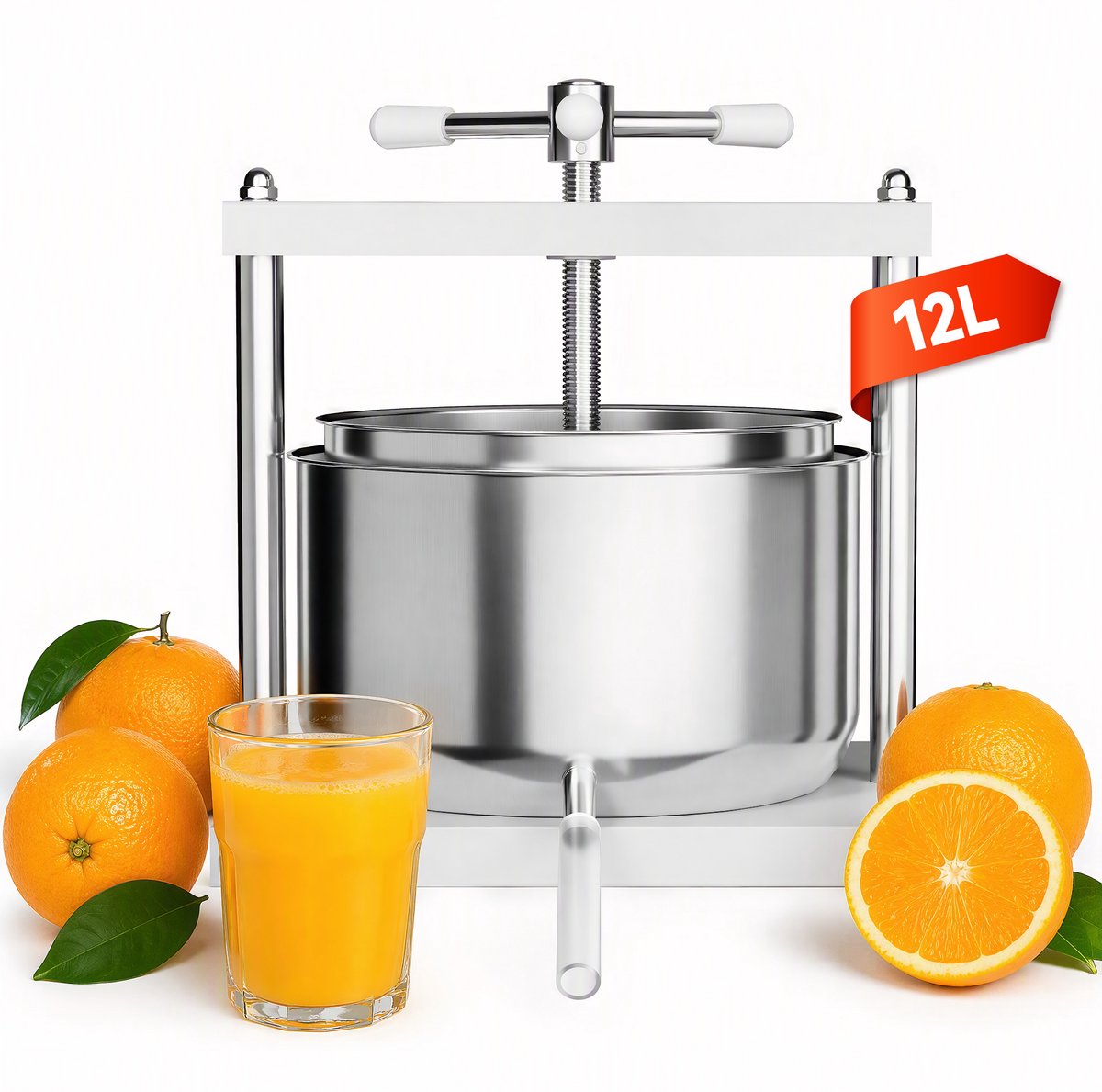 Fruitpers 12L Handmatig - Dubbele Wijn- & Bessenpers met RVS Filteremmer - Inclusief Drukplaat, Metalen Spindel en Uitloopbuis - Geschikt voor Fruit- en Groentesap - NAIZY