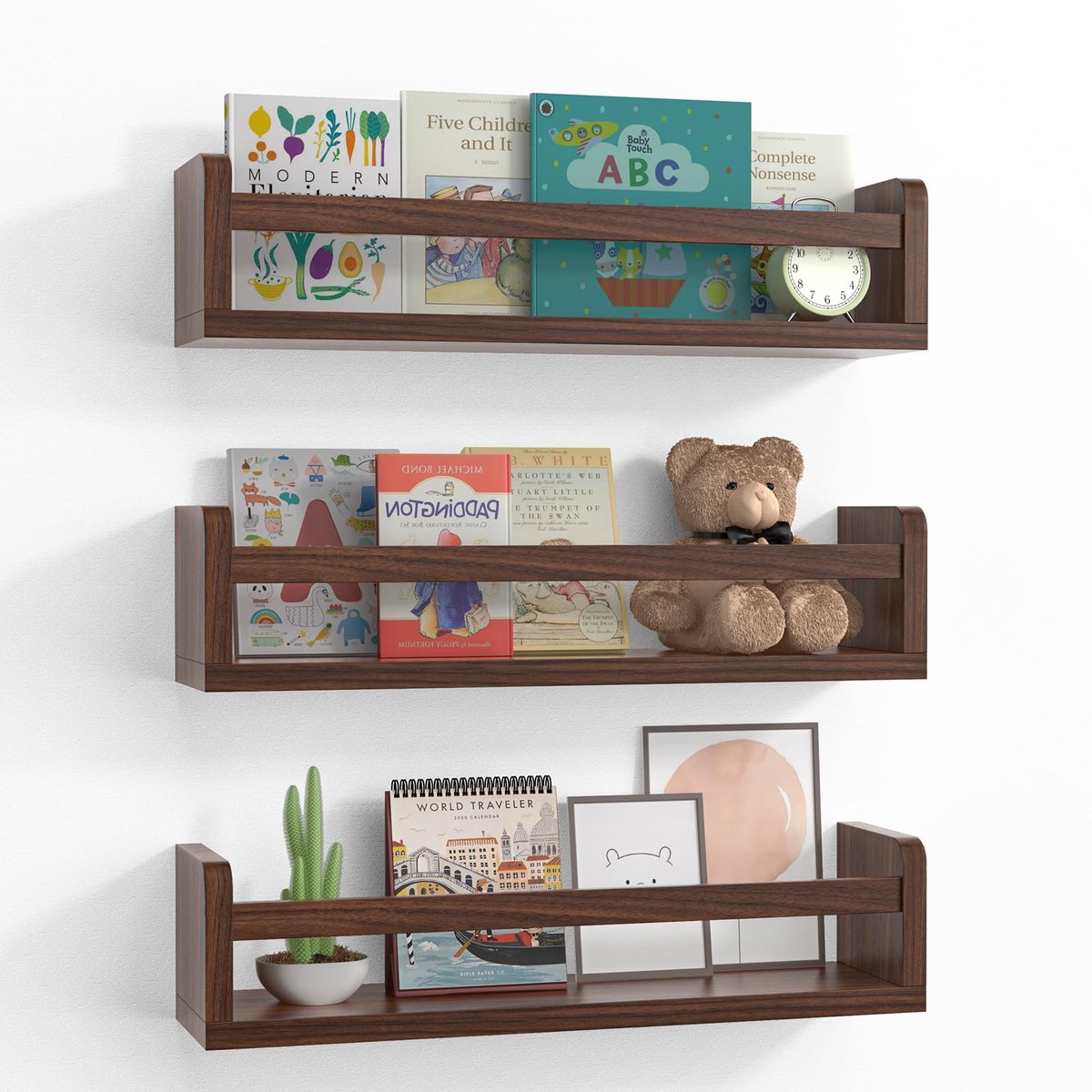 Zwevende planken 3 stuks - 42 cm massief houten wandplank - Babykamer boekenplank - Floating shelf voor babykamer & keuken - Walnoot kleur