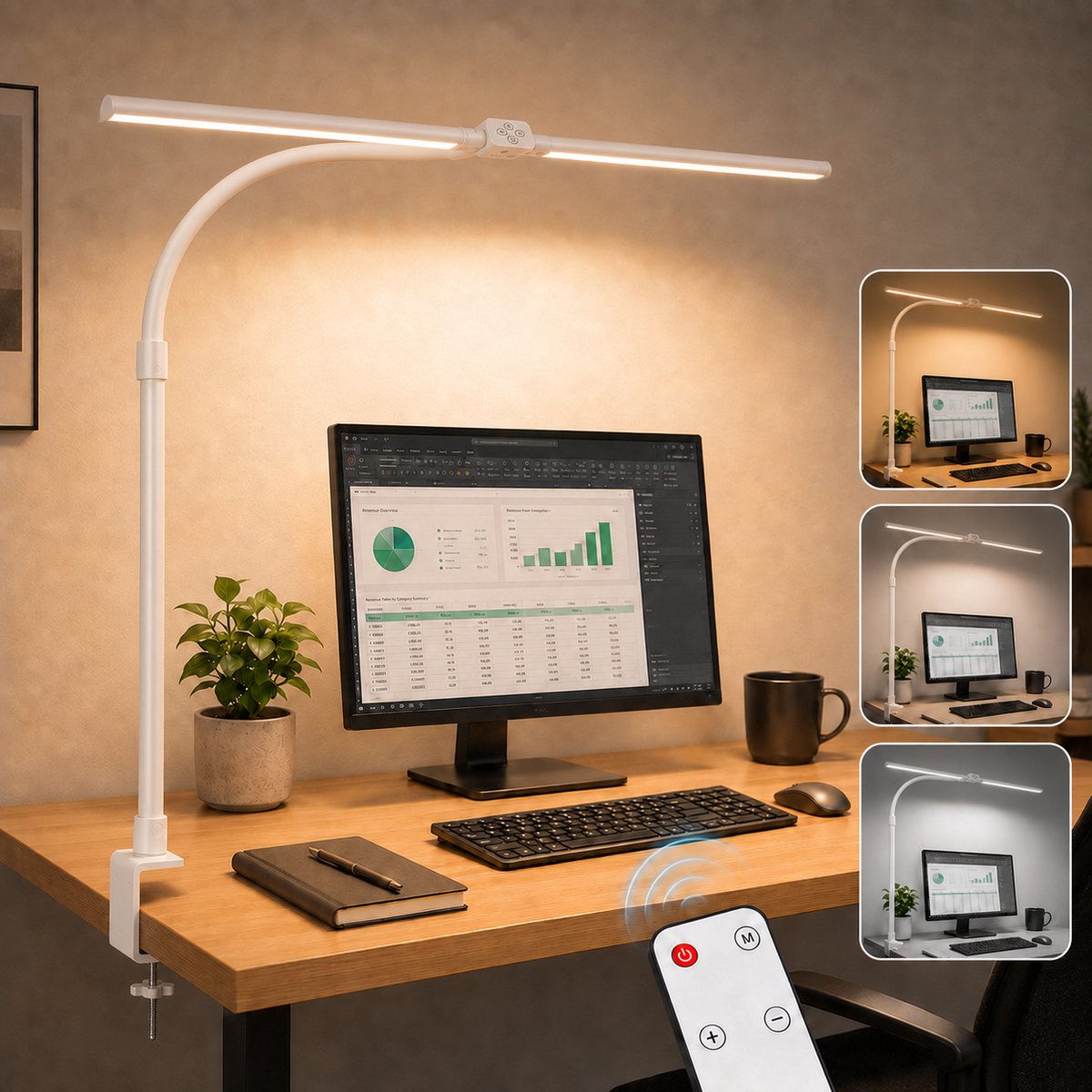 Lapamax Bureaulamp LED Dimbaar met Klem Ø80 cm-Werklamp met Dubbele Lichtkop 180° Verstelbaar - Monitor Lamp met 360° Flexibele Zwanenhals -Klemlamp met 5 Lichtkleuren-Hobbylamp-Architectenlamp voor Thuiswerk, Computerwerk,Tekenen-Wit