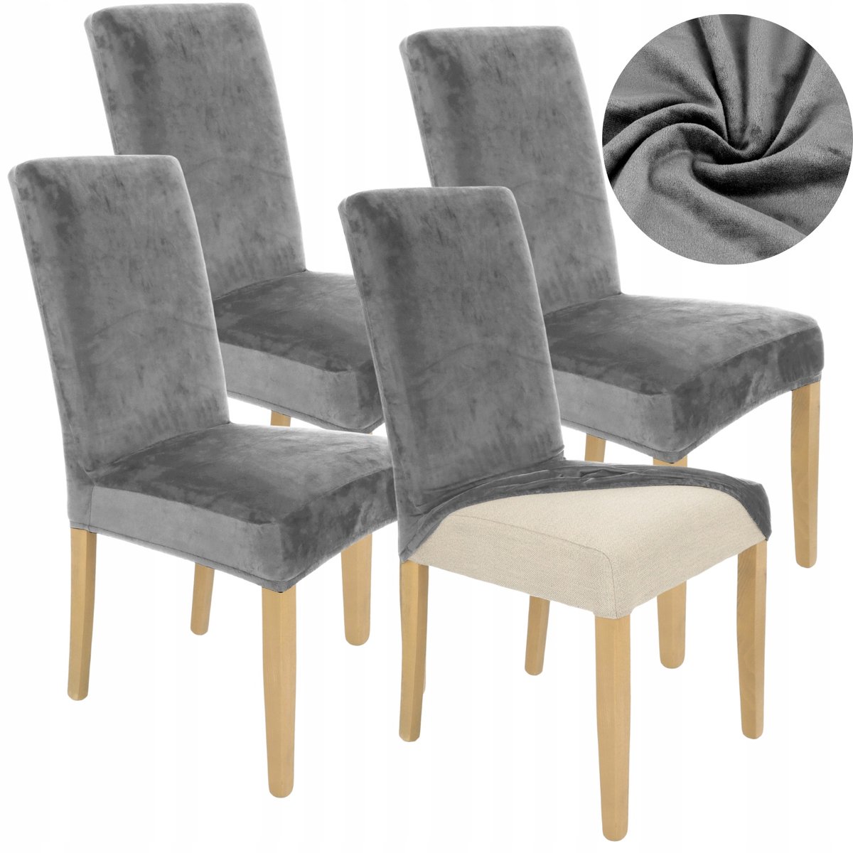 Set van 4 Luxe Grijze Stoelhoezen - Dik Velours, Elastisch