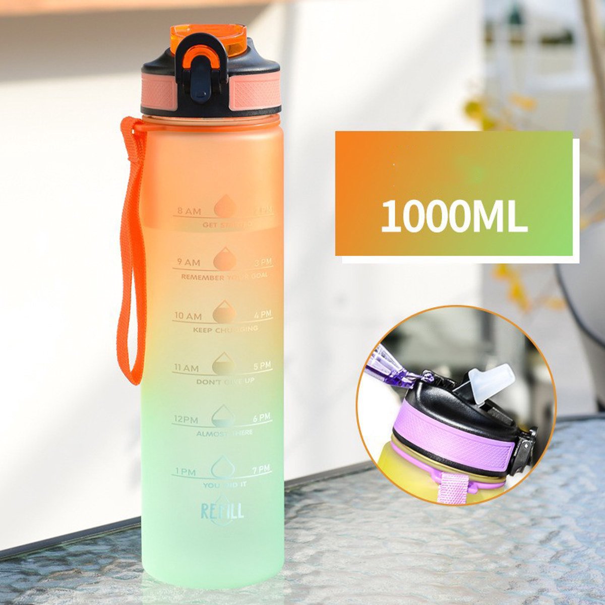 Deze waterfles van 1000 ml heeft een drinktijdindicator en een rietje Hij is voorzien van een handvat is lekvrij BPA-vrij en gifvrij zodat je altijd gehydrateerd blijft Afmetingen 7,5 x 29 cm (Kleurverloop oranje)