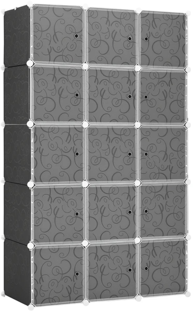 Kledingkast in kubusdesign - 2 grote en 9 kleine kubussen - Kunststof en metaal - 111L x 47B x 183H cm - Zwart+wit