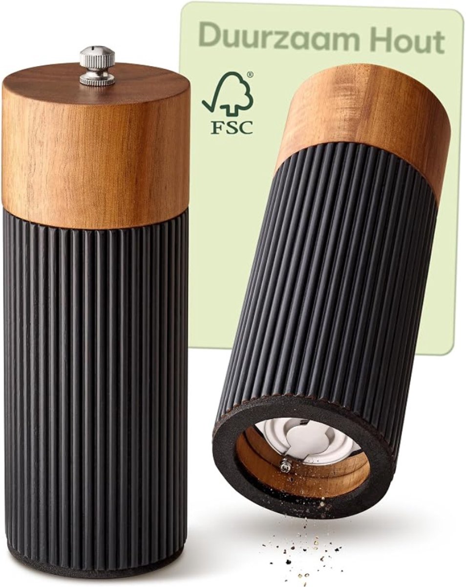 Verte Zout en Peper Molen Set - Zout- en Pepermolen Set van Acaciahout – Elegant Ontwerp met Keramische Maalschijven – Traploos Instelbaar en Duurzaam – Zwart – Small