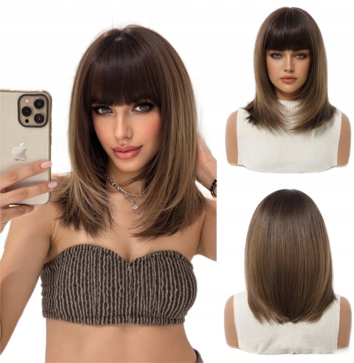 Damespruik Ombre Bruin Bob Synthetisch Haar met Pony 36cm