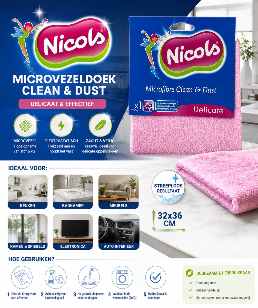 Nicols Microvezeldoek Clean & Dust 32x36 cm – Zachte Microvezel Schoonmaakdoek – Voor Stof, Meubels, Keuken, Badkamer & Delicate Oppervlakken