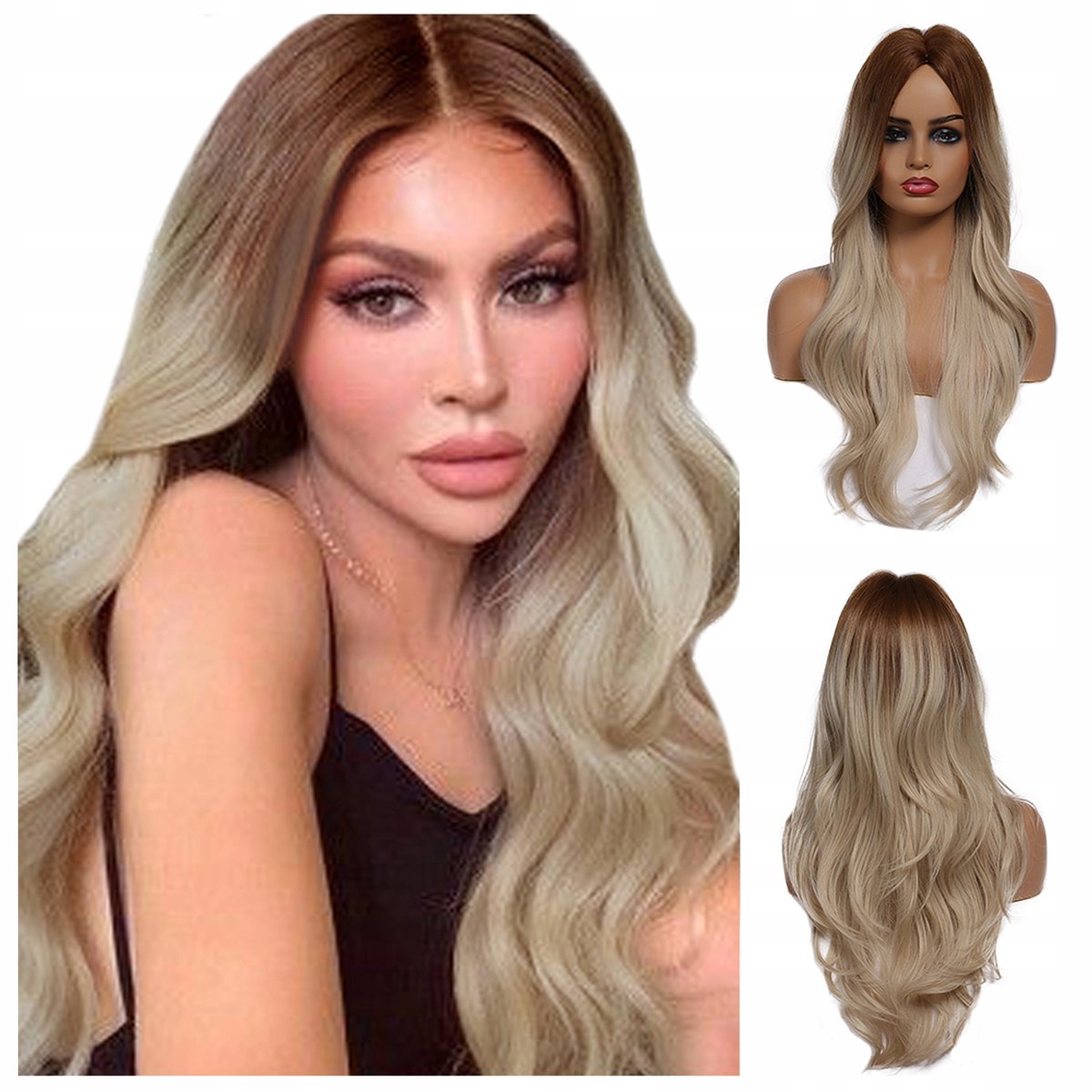 Lange Ombre Blond Bruine Wavy Pruik - Natuurlijke Look