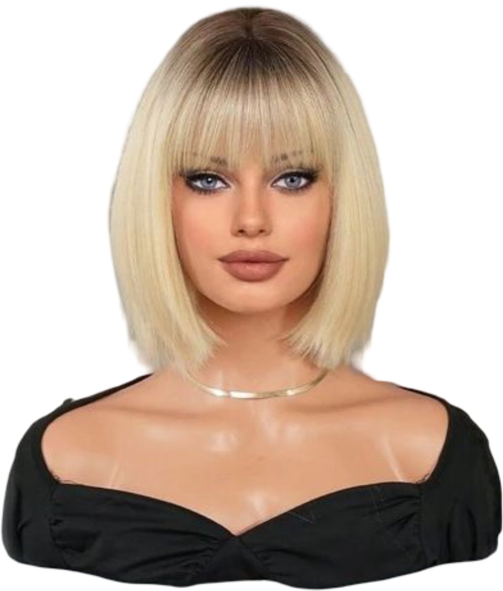 Merkloze blonde pruik met pony, schouderlang, natuurlijk ogend, inclusief gratis mutsje