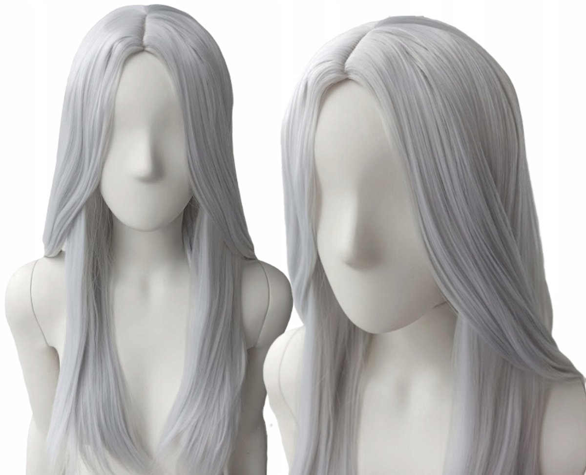 Merkloze grijze lange pruik, cosplay, hittebestendig, 70cm