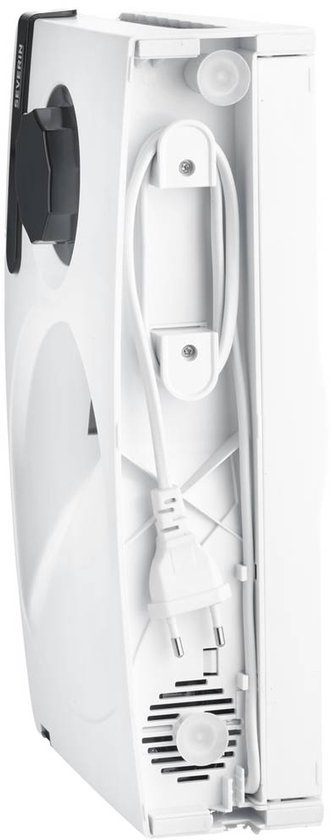 Witte snijmachine van Severin, zijaanzicht, met kabel en stekker opgeborgen.