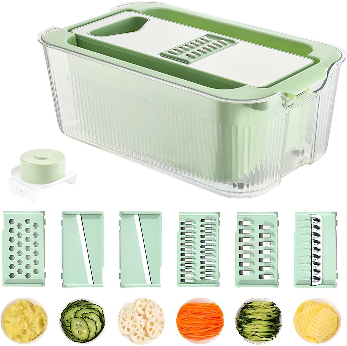 Multifunctionele groentesnijder 6-in-1 - Handmatige mandoline met 6 messen, handbeschermer en dubbele uitlekbak - 34 x 20,5 x 12,2 cm - Avocadogroen