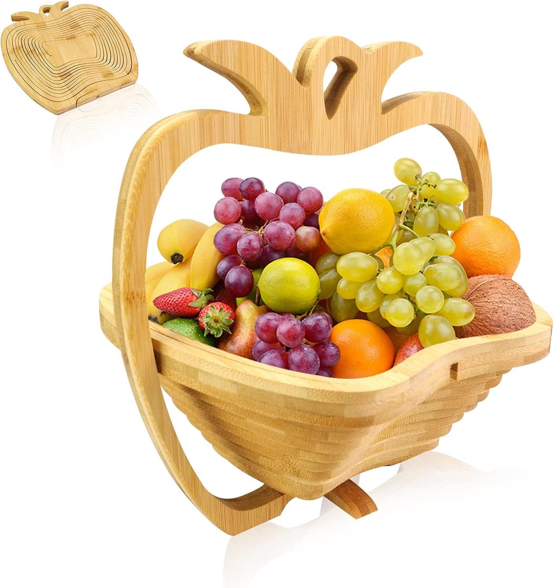 1 Opvouwbare houten mand (2-in-1) - 14×26×30 cm - Ananaspatroon - Geschikt voor fruit - Kan gebruikt worden als warmte-isolerende mat - Ideaal voor fruit, groenten en gedroogd fruit - Perfect voor de feestdagen en Kerstmis - Houtkleur