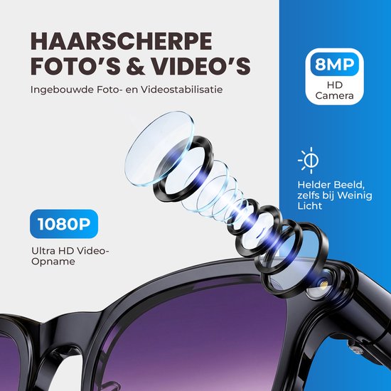 Dynabright Camera Bril - Slimme Bril met Camera - Bluetooth - Met belfunctie - NL App - Incl 2 Extra Sets Glazen - Mini Spycamera - Incl. Opbergzakje - Camera & Video & Muziek - Smart Glasses - Oplaadbaar — afbeelding 3