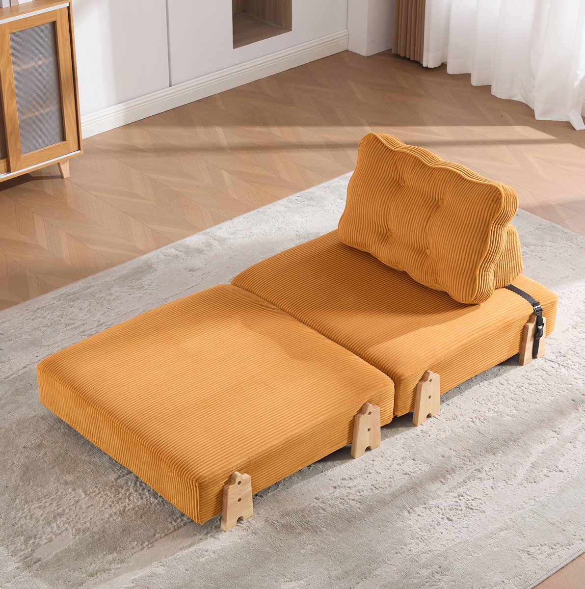 OKWISH Fauteuil – 2 In 1 Inklapbare Slaapstoel – 1 Zits – Cord – Scandinavisch – Oranje – Voor Woonkamer Of Slaapkamer – Hout