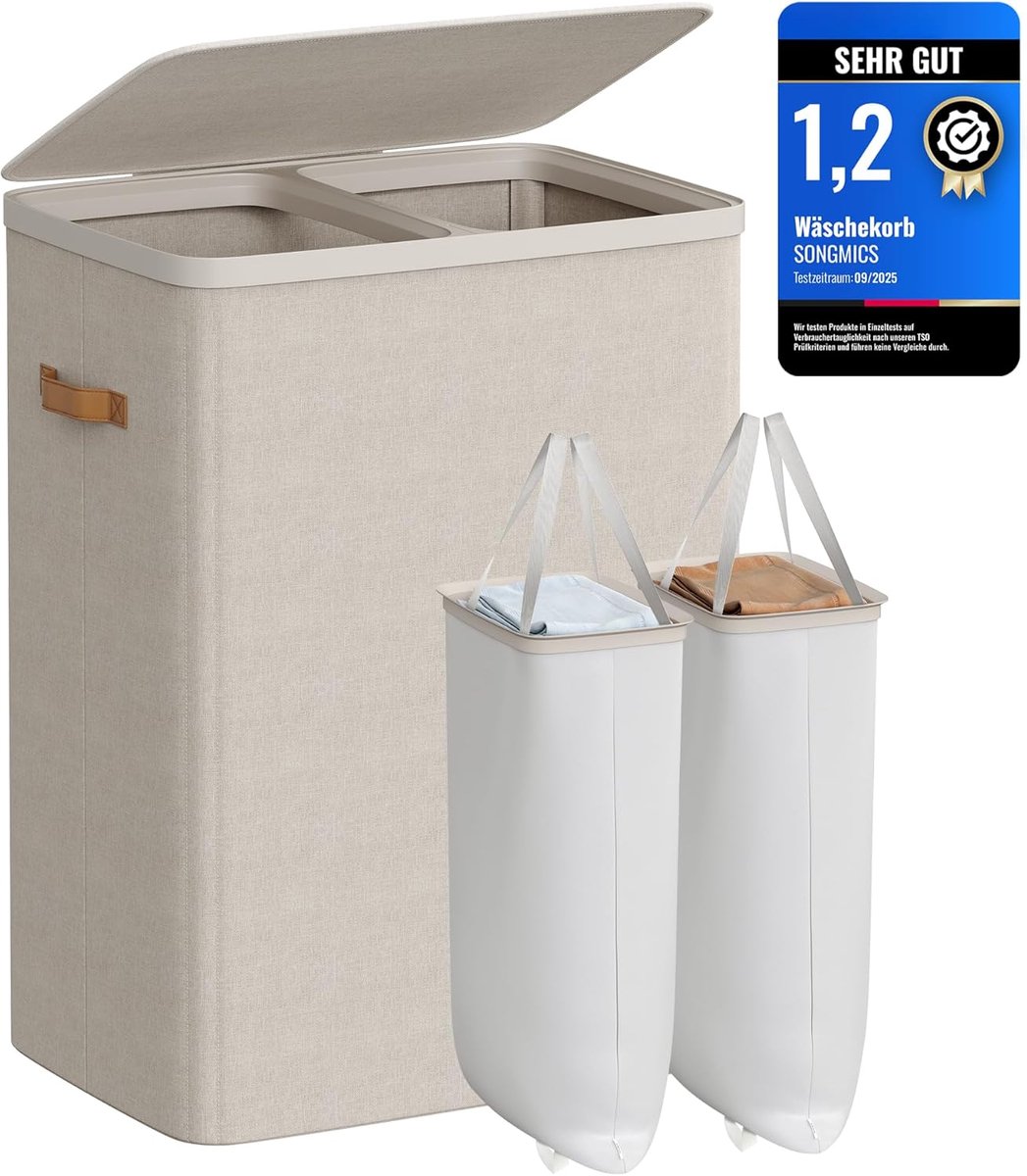 Songmics wasmand, 170 liter, 2 compartimenten, met deksel en handvatten