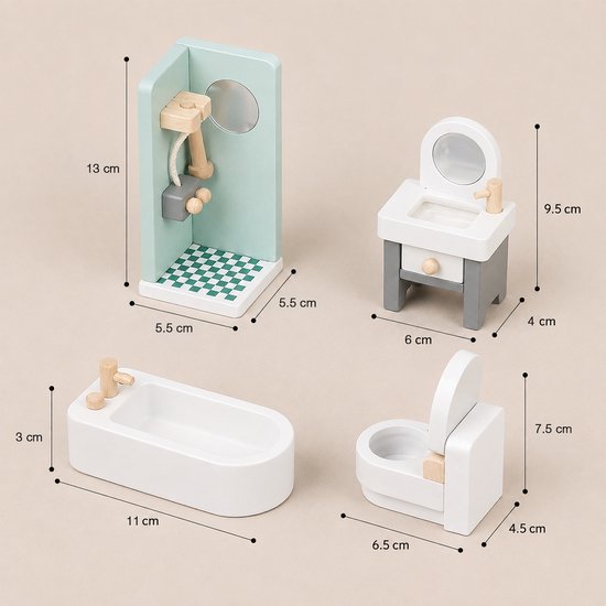 Houten badkamerset met douche, wastafel met spiegel, wit bad en toilet.