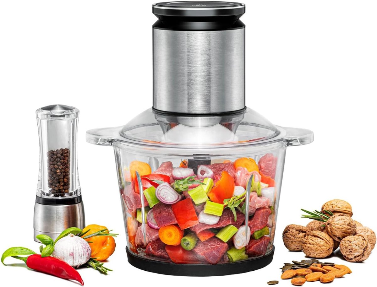 QUOVO® Multihakker - Hakmolen - Groentehakker – Groentesnijder – Chopper – Elektrisch – Uienhakker – 800W – 2.7 Liter inhoud – Mes Met 9 Bladen - Zilver - 20cm x 26cm x 29cm