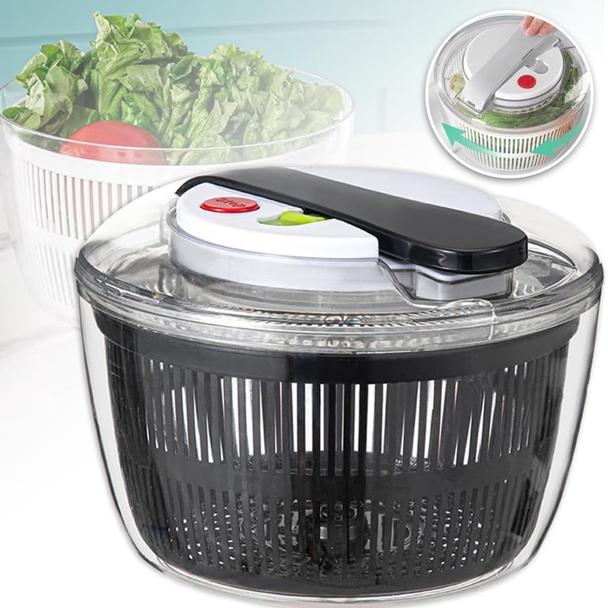 Slacentrifuge Met Draaibare Handgreep - 3L Handmatige Centrifuge Transparante Bodem Afneembaar Ontwerp - Voor Groenten En Fruit - Onmisbaar in De Keuken - Zwart-Wit