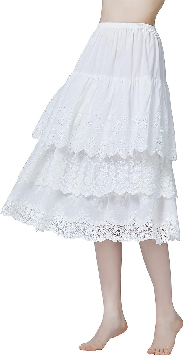 BEAUTELICATE Underskirt Women 100% Cotton Petticote Skirt Extender with 3 Layers Ruffles Lace Embroidery Elastic Waist - ShopVlot