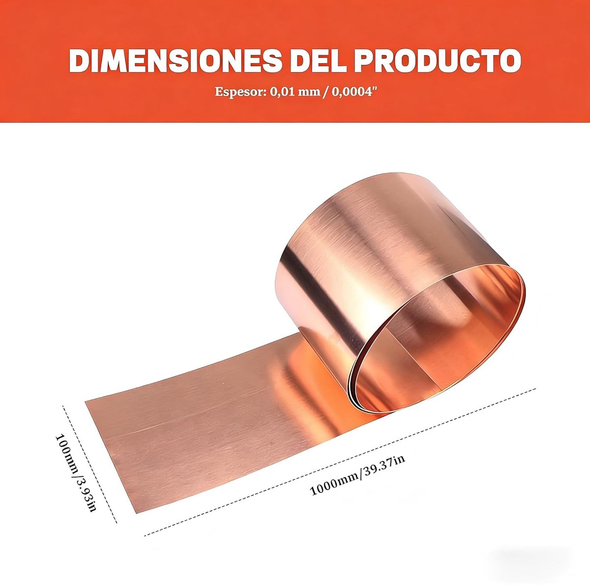 Roll of pure copper foil, 99.9%, 1000mm x 100mm x 0.01mm, copper band made of metal for electrical conduction, EMI - ShopVlot