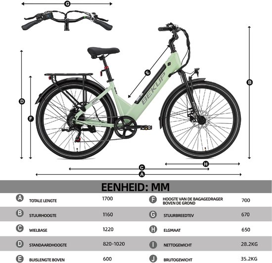 Bekup V1 Elektrische stadsfiets - 26 inch lage instap - 522Wh lange actieradius accu - 250W achterwielmotor - 45Nm koppel - Shimano 7 versnellingen - Schijfremmen voor en achter - LCD-display - Geveerde zadelpen - Pistachegroen — afbeelding 3