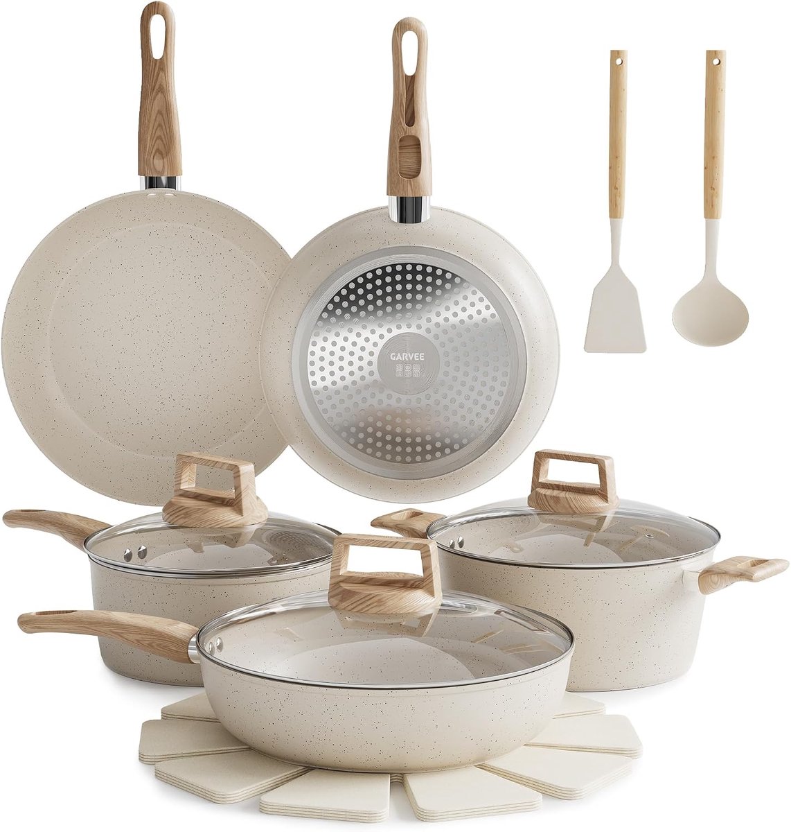 14-delige Keramische Pannenset - Geschikt voor Inductie - Anti-aanbaklaag - PFAS, PFOA & PTFE Vrij - Gezond Koken - Crème Wit met Houtlook Handgrepen