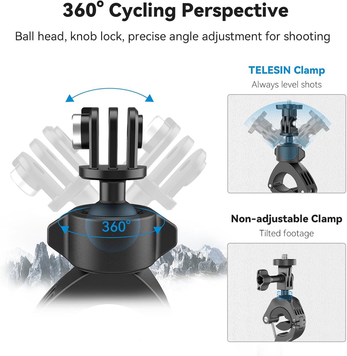 Fiets/Motor Handlebar Mount, 360° draaibare camera, achteruitkijkspiegelklem voor fiets, motorfiets, GoPro Max, Hero 12, 11, 10, 9, 8, Insta360, DJI Action accessoires thumbnail 2