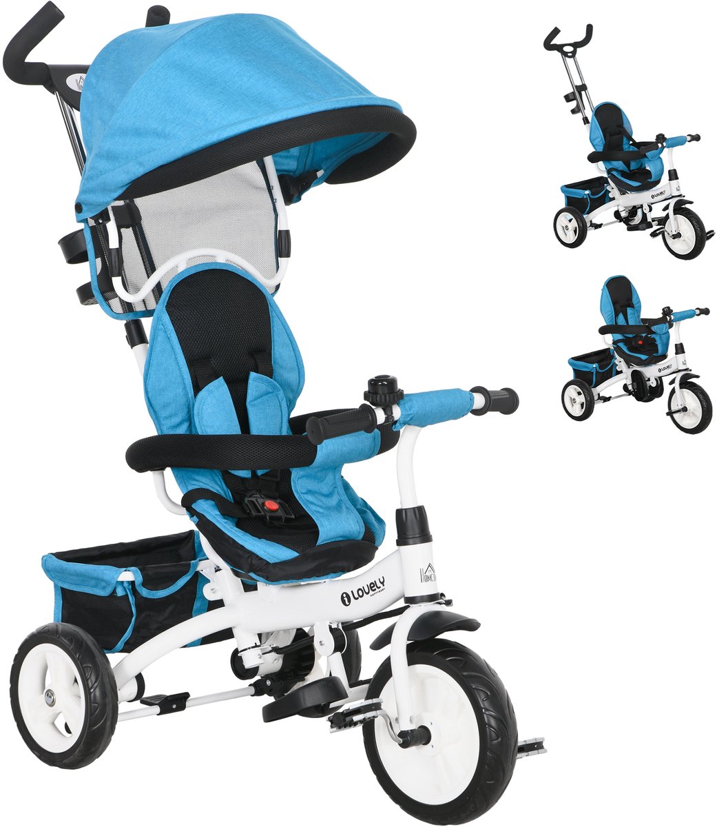 TEKROA® 6-in-1 kinder driewieler met duwstang - zonnekap, 5-punts veiligheidsgordel, opbergruimte, voetsteun en rem - voor kinderen van 1-5 jaar - blauw