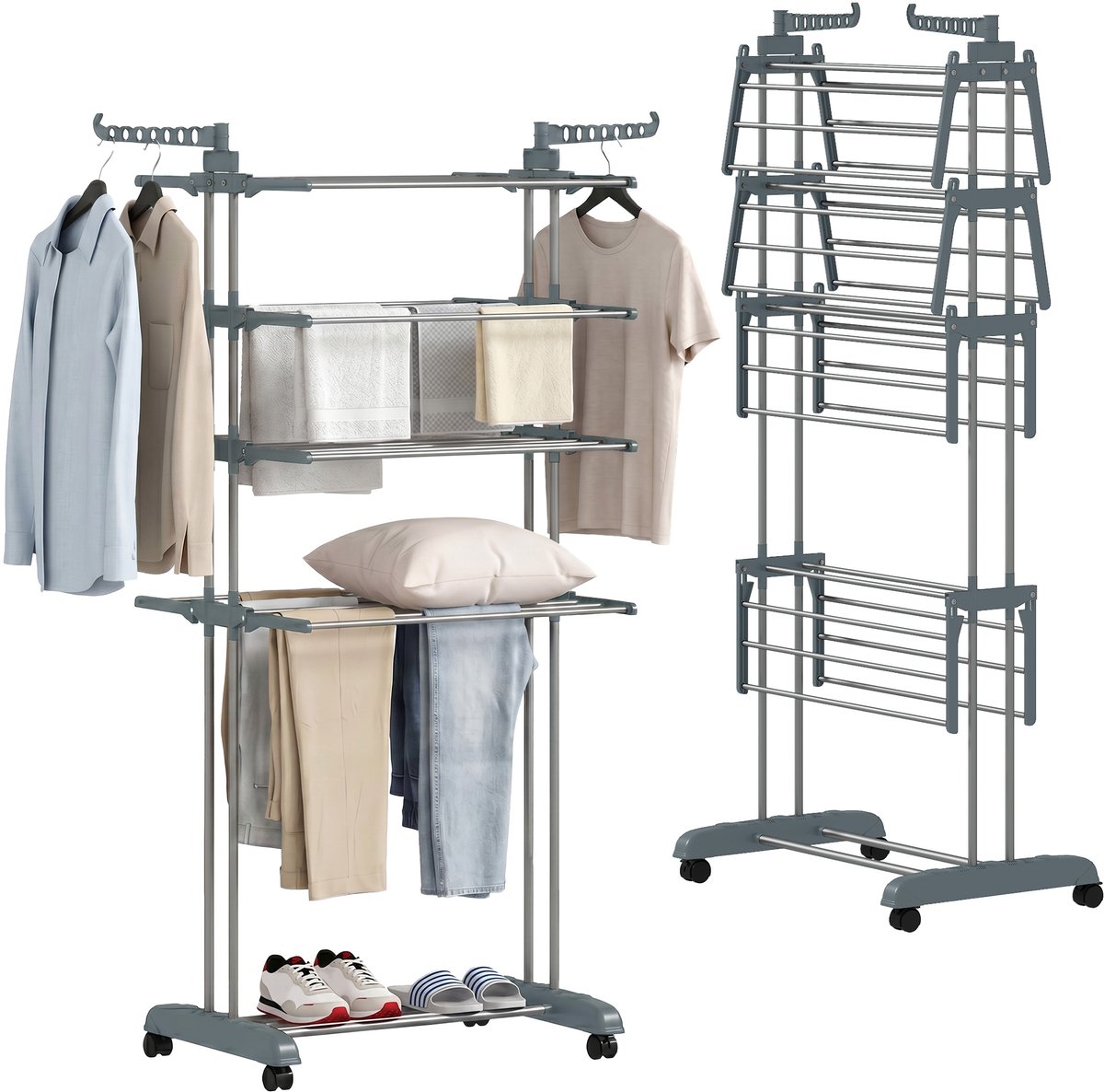 TEKROA® Opvouwbaar wasrek met 5 niveaus - wielen en roestvrijstalen frame - voor thuis en de wasruimte - grijs
