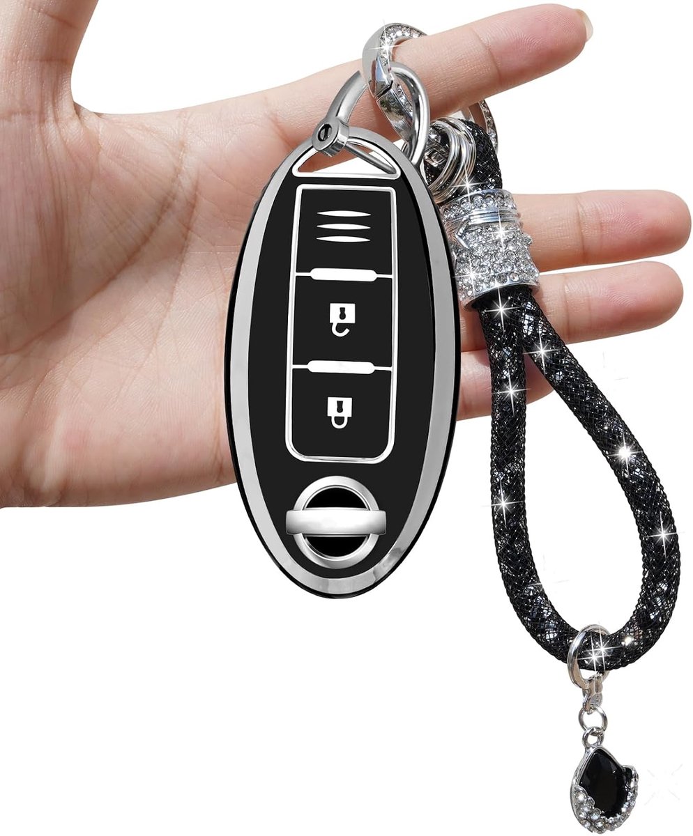 Yumzeco 3 Keys Silicone TPU Car Key Case Cover with Shiny Diamond Key Strap, Compatible with N_issan T31 T32 J10 J11 - ShopVlot