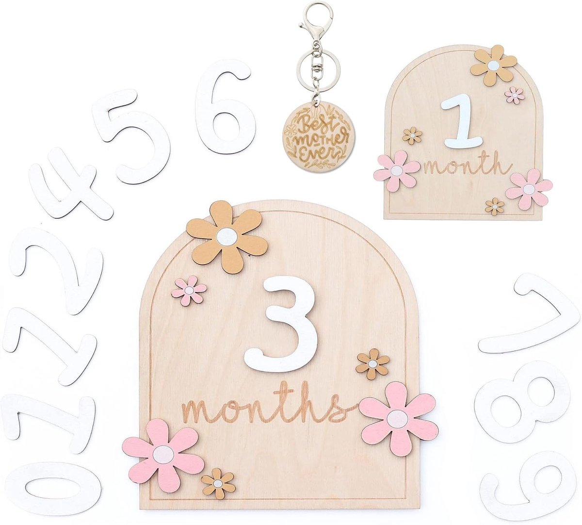 Baby Maandelijkse mijlpaalkaartenset, houten fotorekwisieten met bloemmotief, dubbelzijdige kaarten met standaard - ShopVlot