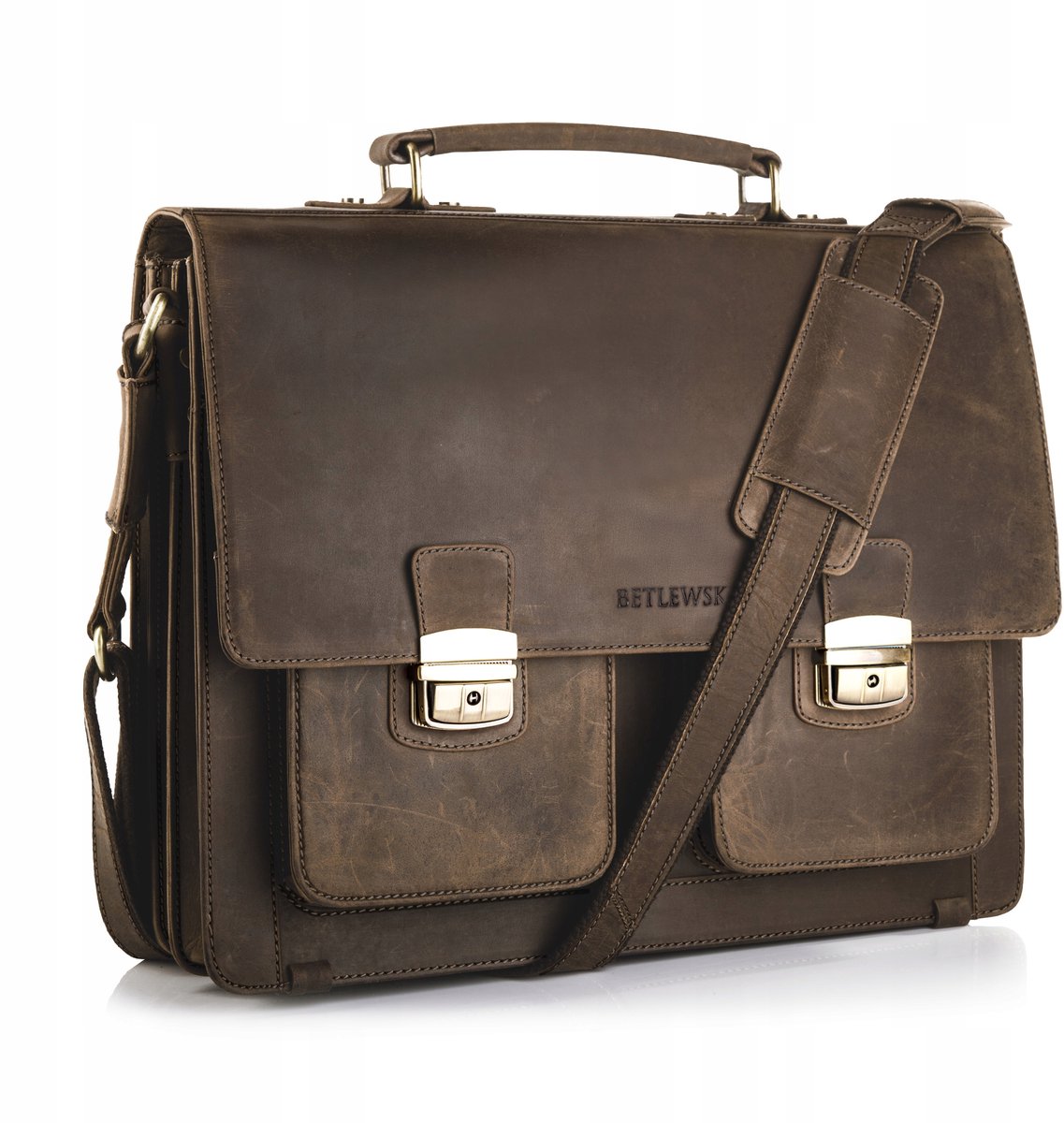 Betlewski Leren Aktetas Heren Laptop 15,6" Schoudertas Bruin