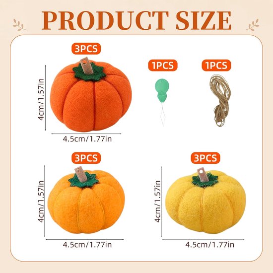 Afmetingen van oranje, gele en groene vilten pompoenen: 4 cm hoog, 4.5 cm breed. Inclusief touw.