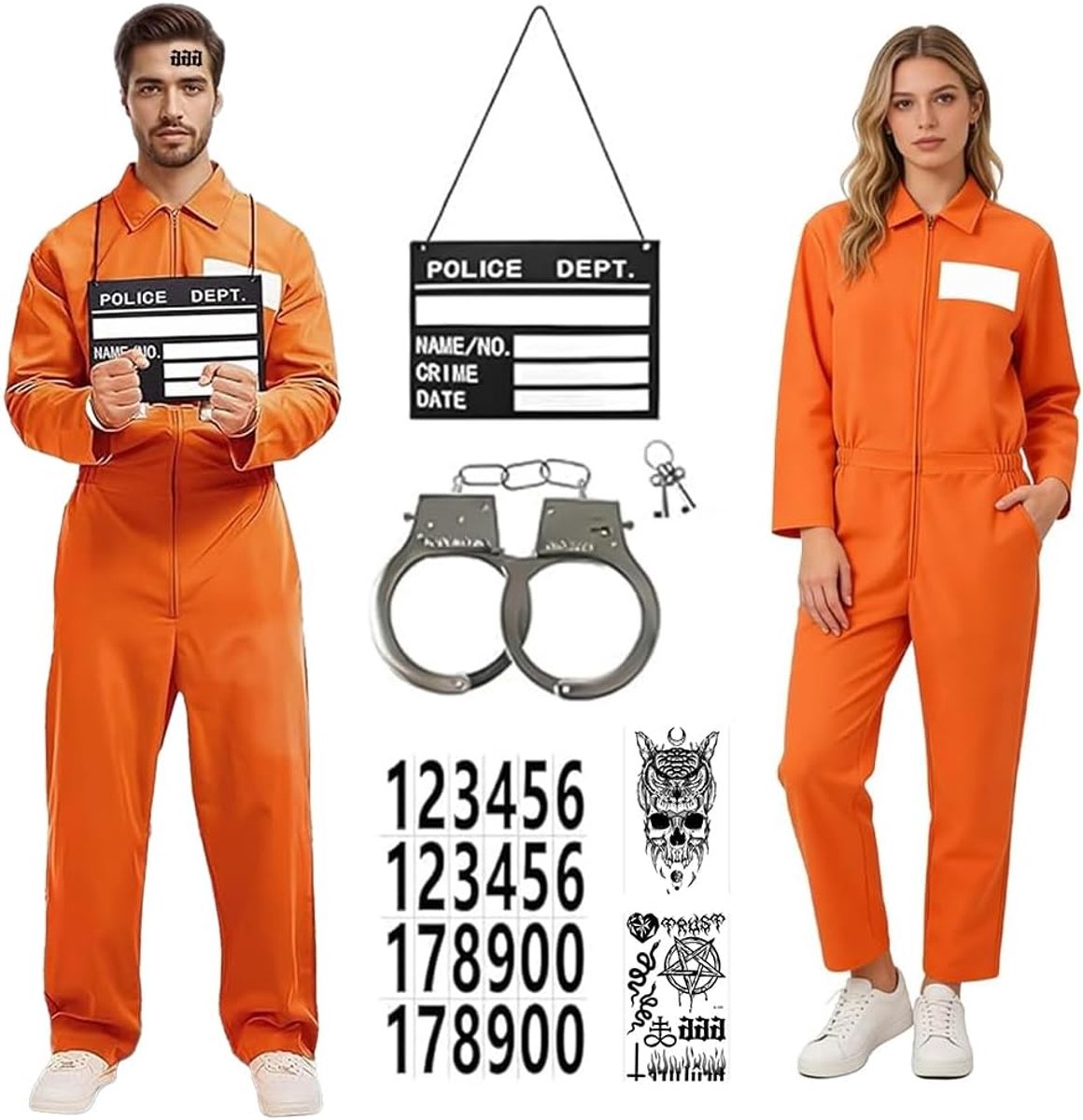 Prisoner Costume voor volwassenen - Oranje gevangenisoverall - Inclusief naamlabel en handboeien - ShopVlot