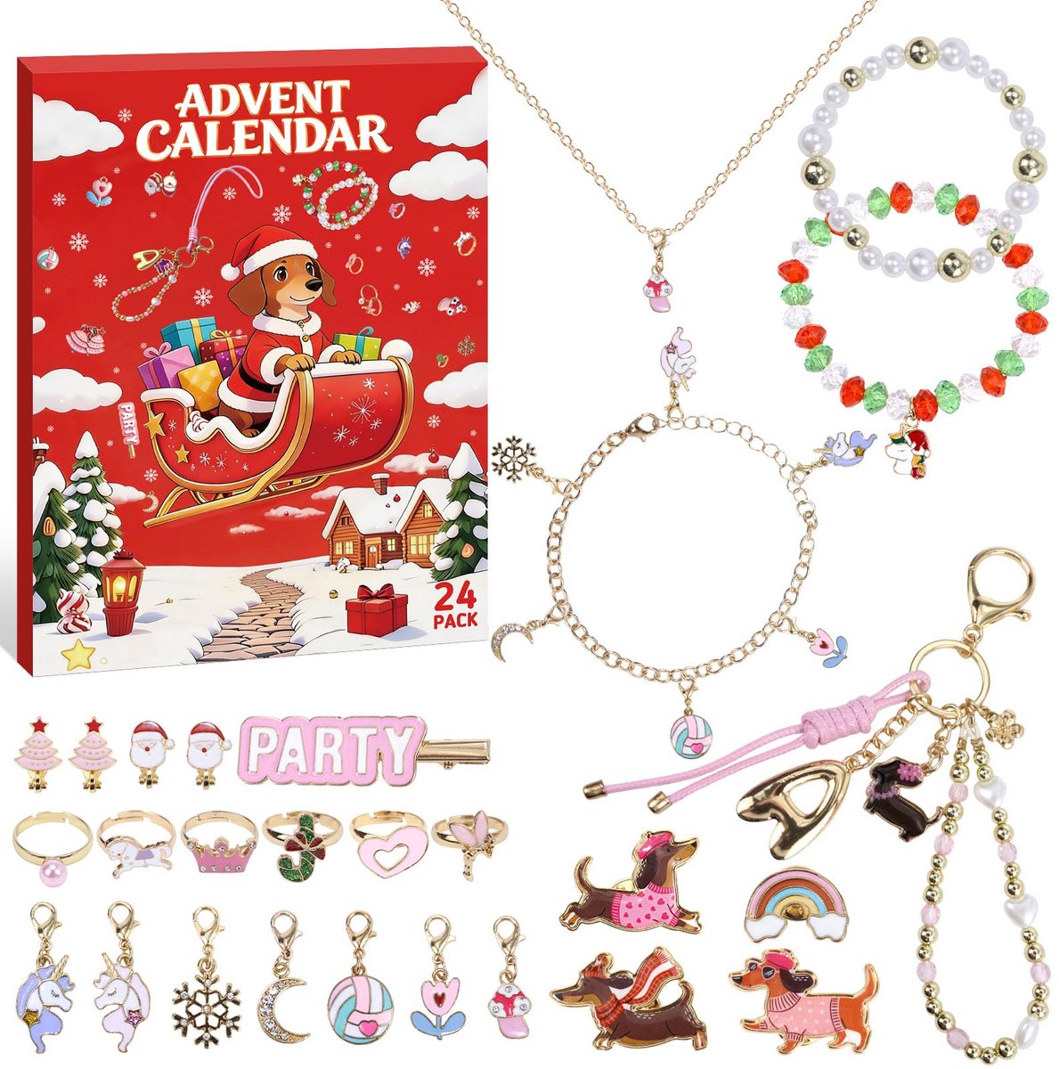 Adventskalender sieraden meisjes 2026 - 24-delige teckel motief - halsketting, armband, ringen en oorbellen - ShopVlot