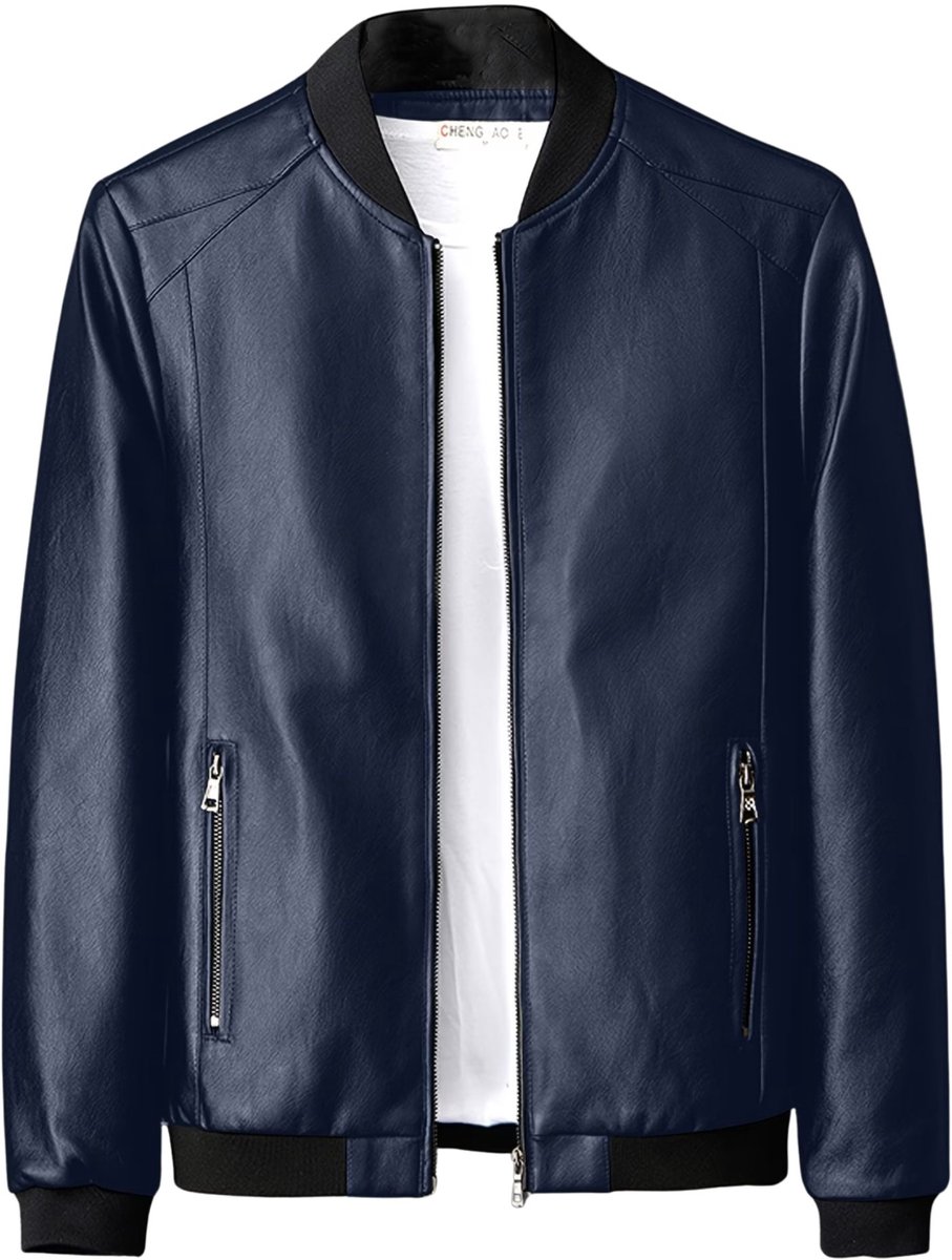 Currero Kunst Leren Jas Leather Jacket Lederen Jas Bomberjack Pilotenjack Blazer Biker Motorjas Motormuis Heren Blauw