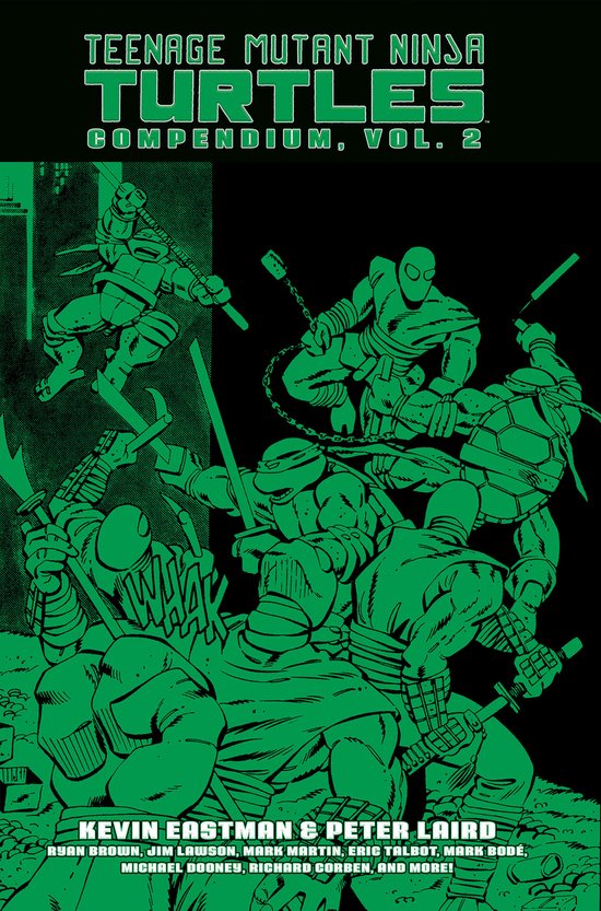 Titelpagina van Teenage Mutant Ninja Turtles Compendium, Vol. 2 met een groene illustratie van de vier schildpadden die vechten.