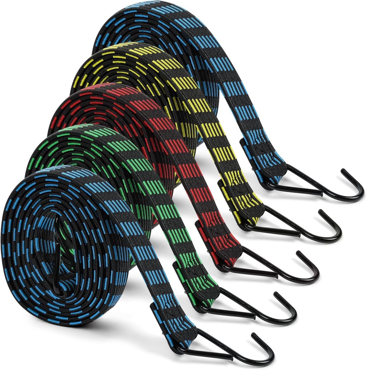 Long Bungee Cords, 2.5cm Wide Flat Bungee Cords with Hooks, 5 Pieces, Premium Elastic Luggage Bungee Belts - ShopVlot