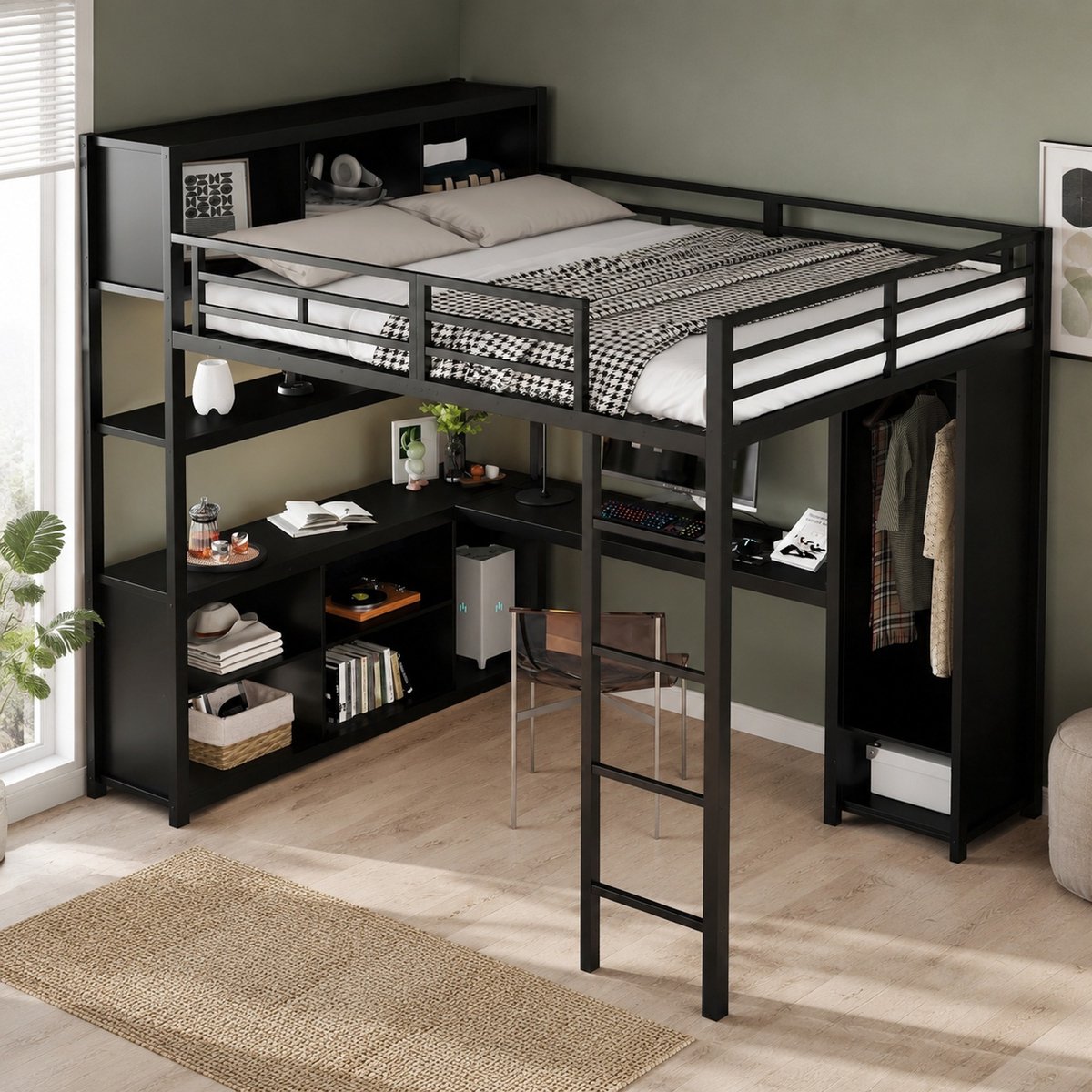 MEUNIQ Hoogslaper 140x200 cm met bureau, dubbel opbergniveau, geïntegreerde kledingkast en 4-treeds ladder, zwart