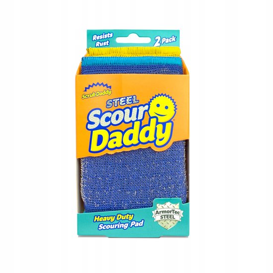 Verpakking van 'Scrub Daddy Steel Scour Daddy', met twee schuursponsjes en de tekst 'Heavy Duty Scouring Pad'.