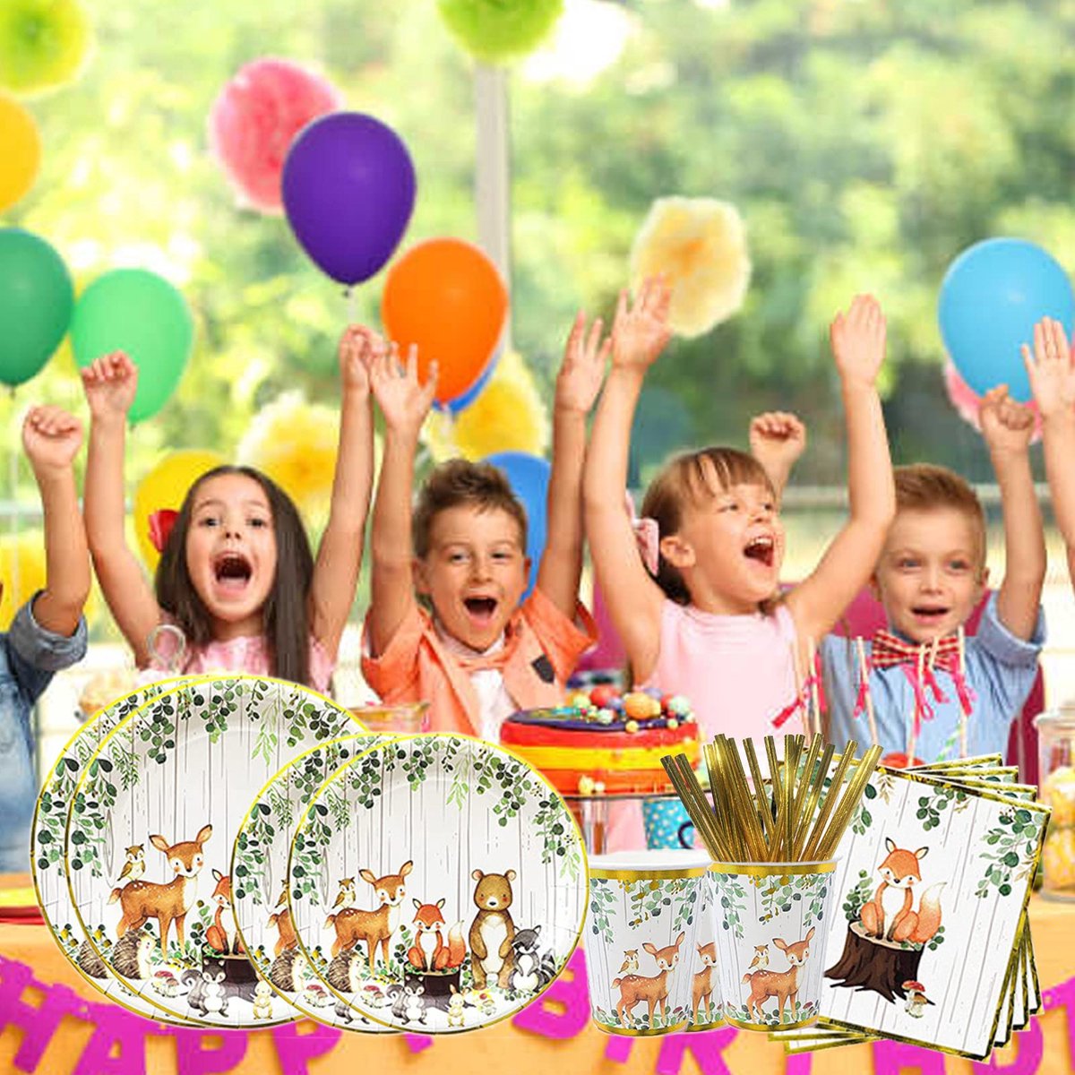 50 stuks dierenfeestservies, dieren verjaardagsbordenset, met borden, rietjes, servetten, voor kinderverjaardag - ShopVlot