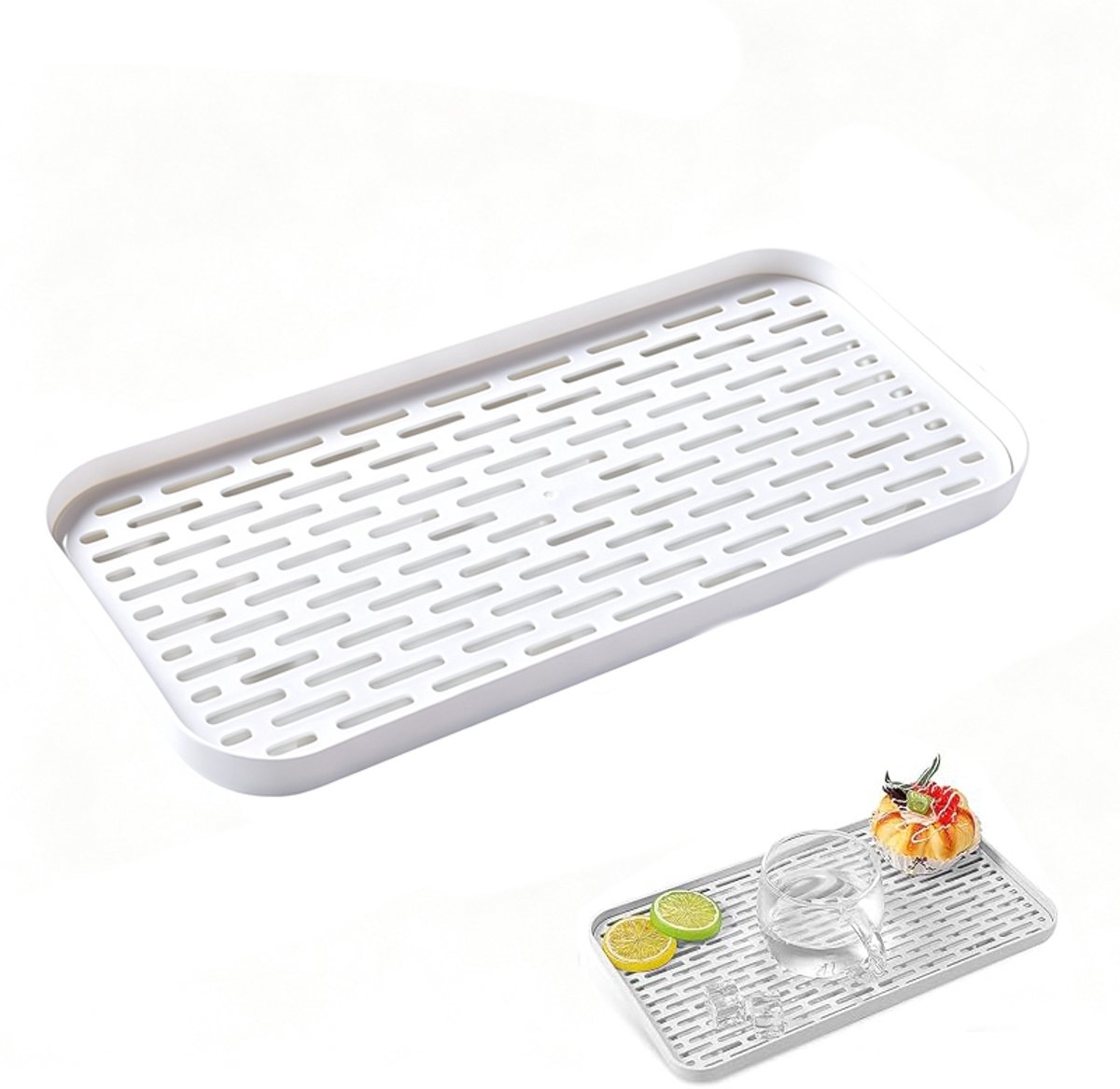 Klein Afdruiprek - 1 Stuk - Afdruipmat - Gootsteenmat - 2-Laags - 37 × 18 × 3 Cm - Afdruipplaat - Afdruiprek Met Lekbak - Afwassen - Kunststof - Geschikt Voor Het Uitlekken Van Theebladeren, Kommen, Borden En Fruit - Wit