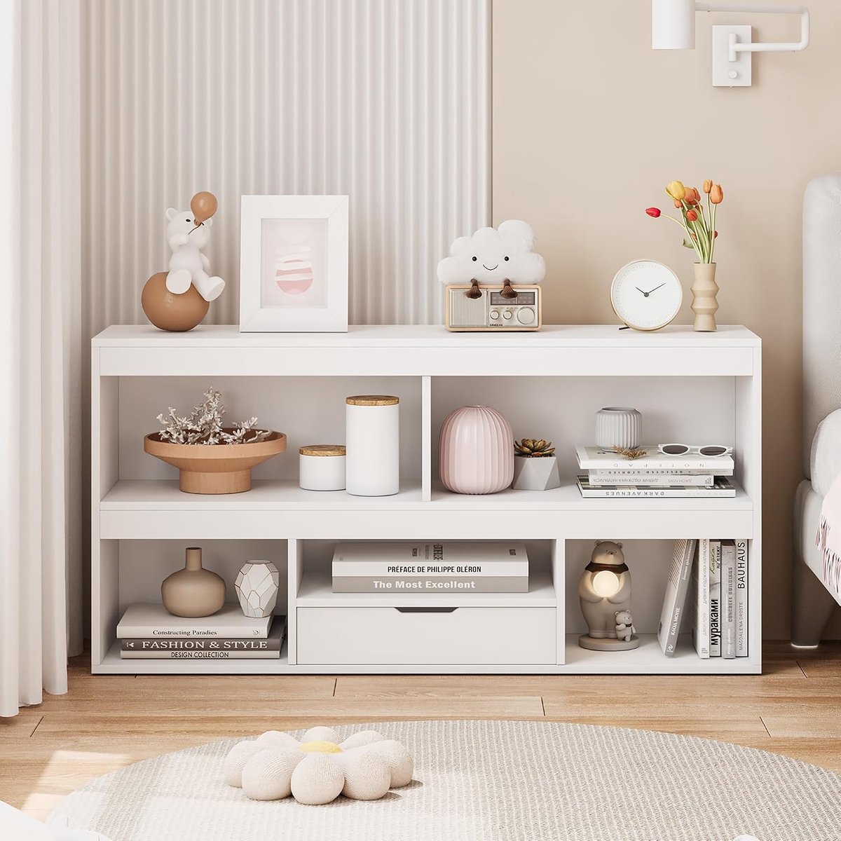 Witte Kinderboekenkast met 5 Vakken en Lade - Speelgoedkast - Montessori Opbergkast voor Kinderkamer & Speelkamer - 120 x 30 x 61 cm - Inclusief Valbeveiliging