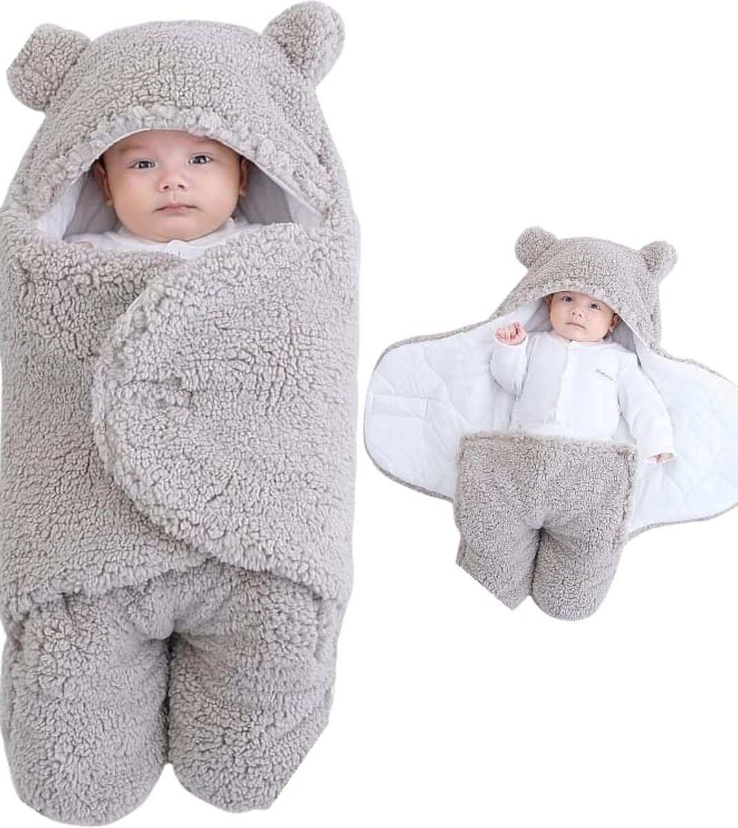 Baby wikkeldeken met capuchon, zacht teddy, 0-6 maanden
