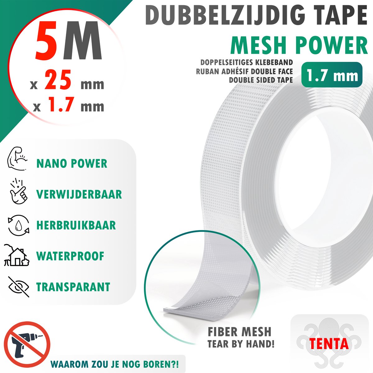 Dubbelzijdig Tape Extra Sterk 5m x 25mm x 1.7mm - TENTA Mesh Power
