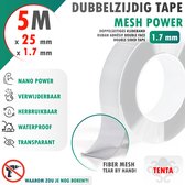 Dubbelzijdig tape Mesh Power 1.7mm: 5m x 25mm. Nano Power, verwijderbaar, herbruikbaar, waterdicht, transparant.