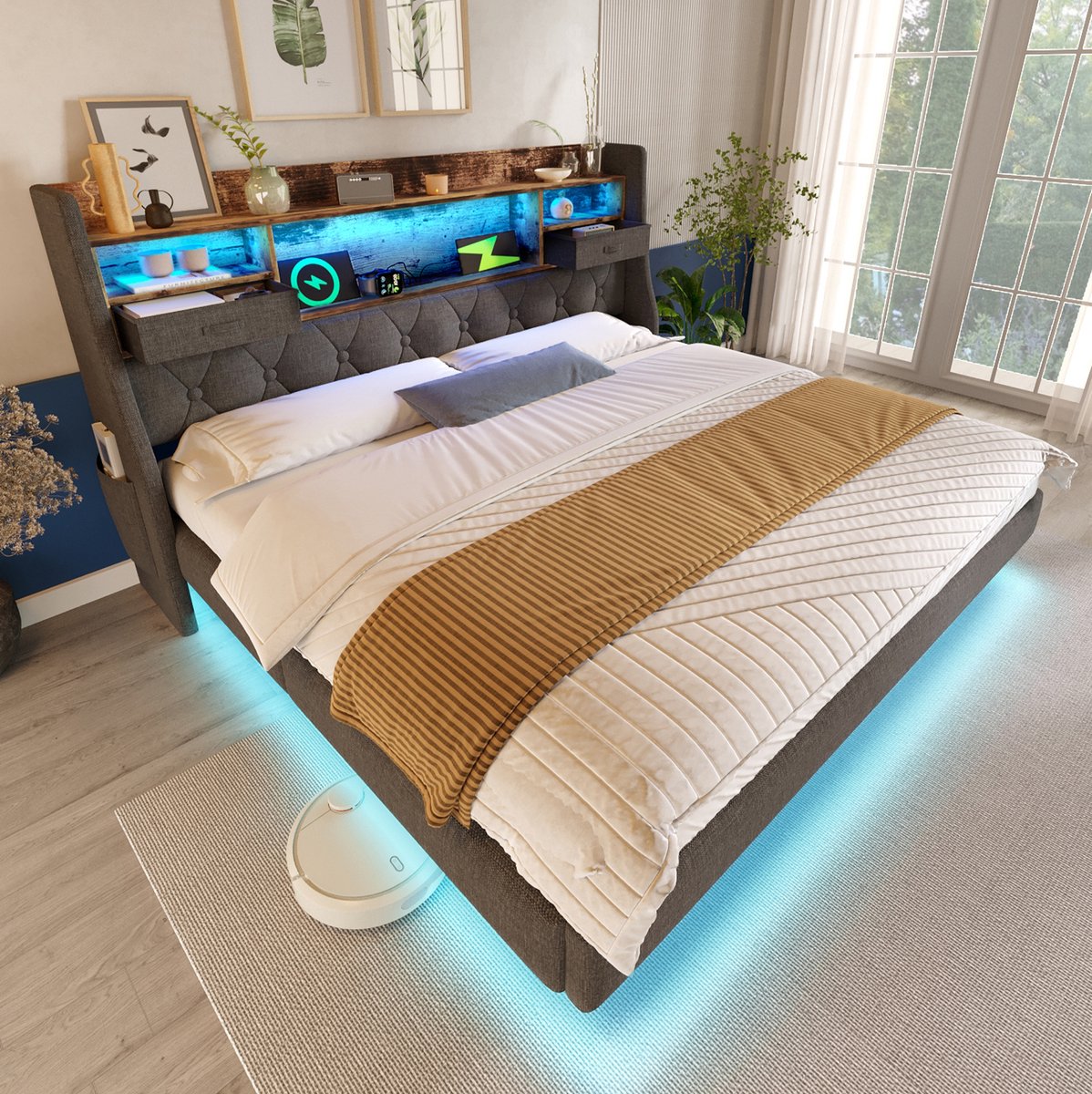 Gestoffeerd Bed 140x200 cm Zonder Matras - Led Verlichting En Usb Type C - Opbergruimte In Hoofdbord - Modern Voor Slaapkamer - Stof - Grijs